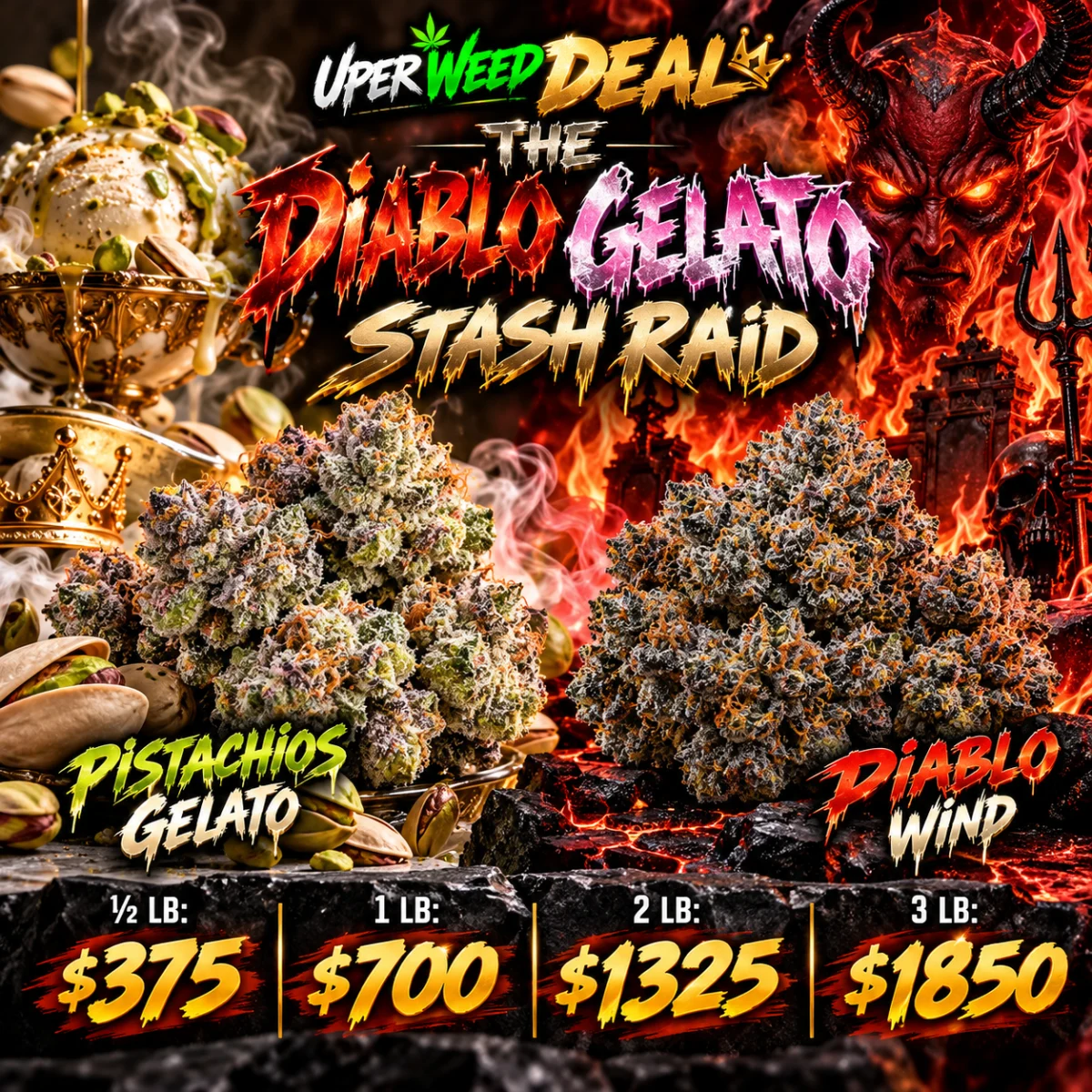 THE DIABLO GELATO STASH RAID: ½ LB: $375 | 1 LB: $700 | 2 LB: $1325 | 3 LB: $1850 photo 1